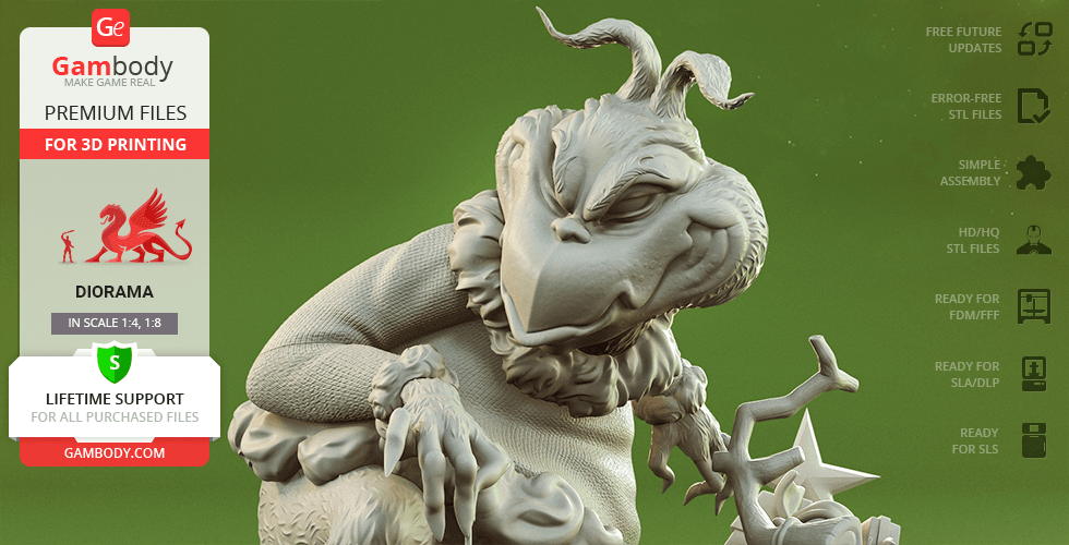 A 3D render of the Grinch holding Max, designed for 3D printing, on a green background.