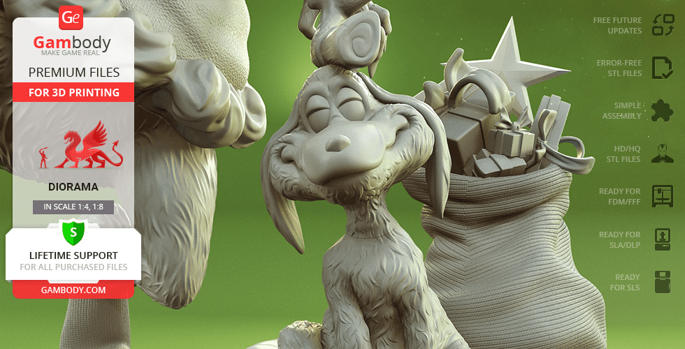 A 3D model of a grinning Grinch with Max beside a sack of gifts, set against a green background.