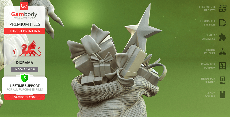 A 3D model of a hand holding a bag filled with wrapped gifts and a star, themed for 3D printing.