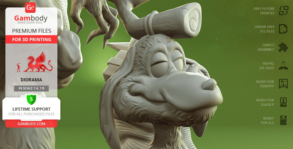A 3D model of Max the dog with an antler, ready for printing, detailed and stylized.