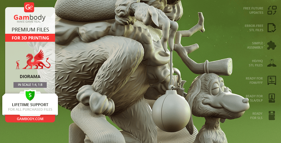 A detailed 3D model of Grinch holding an ornament, with Max beside him, for printing.