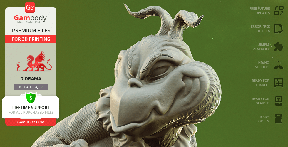 A detailed 3D model of the Grinch with a mischievous expression, designed for 3D printing.