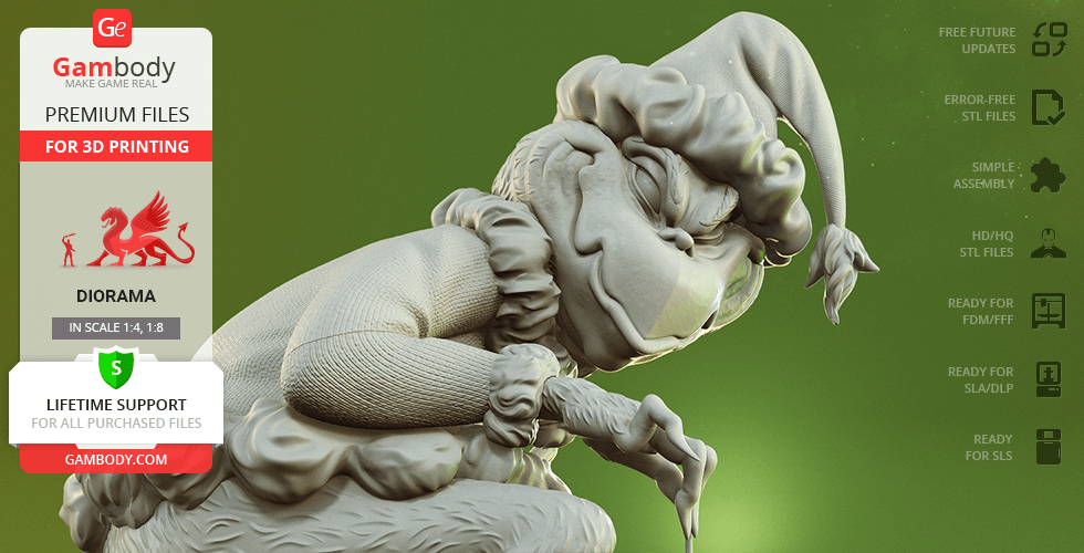 3D model of a Grinch-like character with a Santa hat and his dog Max, depicted in a playful pose.