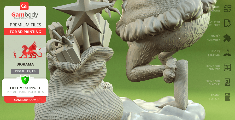 Grinch figure holding a sack with a star on top, designed for 3D printing.