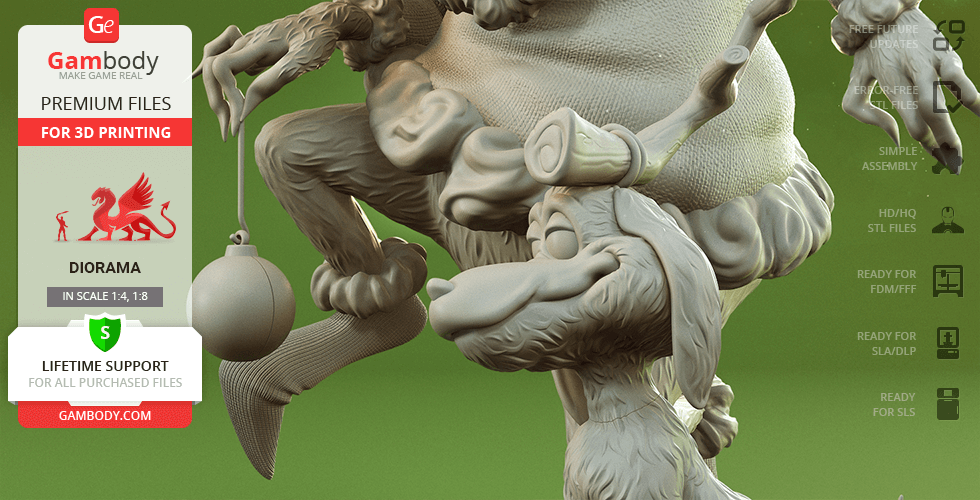 The image shows a 3D model of the Grinch with his dog Max, ready for printing, promoted by Gambody.