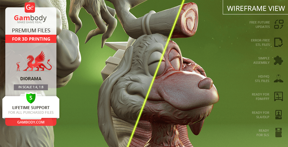 A 3D model preview of a character with antlers and a dog, in a detailed and wireframe view split.