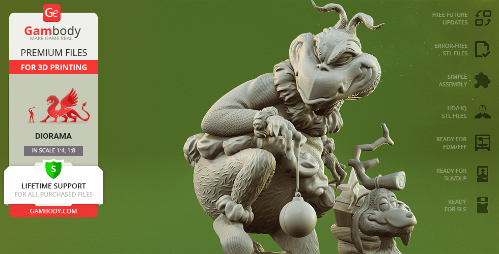 A detailed 3D model of the Grinch and his dog Max, designed for 3D printing by Gambody.
