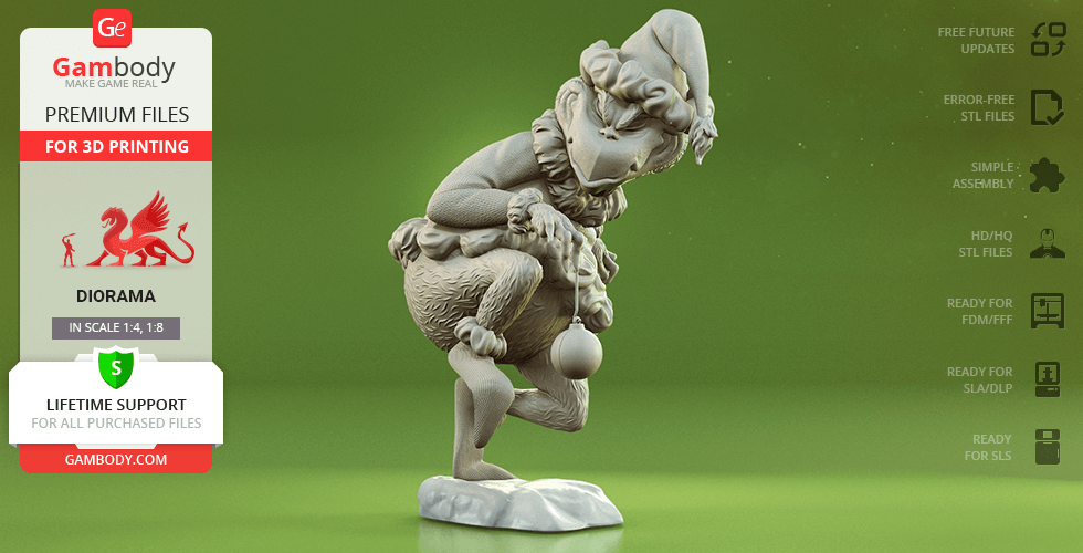 A detailed 3D model of a Grinch-like character holding an ornament, designed for 3D printing.