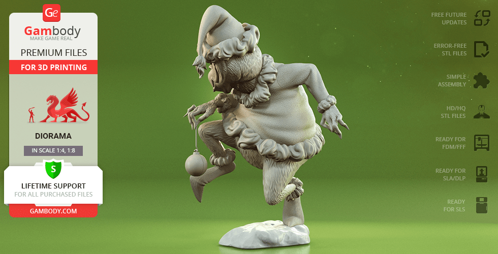 A 3D model of the Grinch in a festive outfit stepping on a base, suitable for printing.