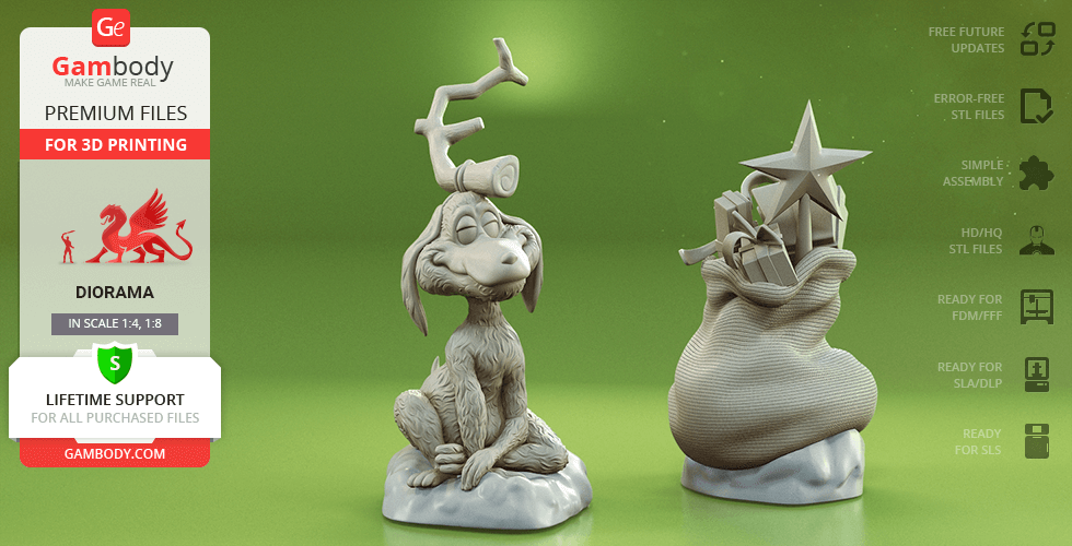 A 3D model of Max the dog with antlers, next to a sack full of gifts, intended for 3D printing.