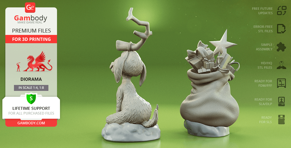 A 3D model of a dog with antlers next to a sack of gifts on a green background.