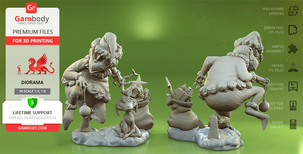 A 3D model of a grumpy character with a dog on snow, featuring festive decor and a sack with gifts.