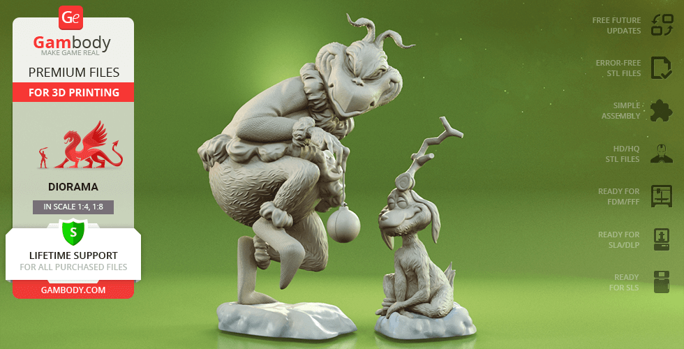 The Grinch and Max in a festive pose, suitable for 3D printing, set on a textured base.