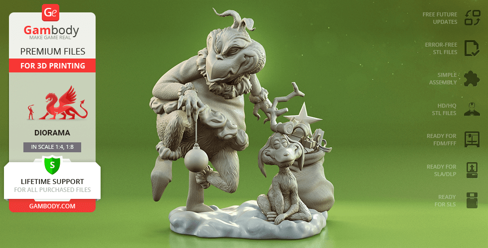 A 3D model of a grumpy character with a dog, holding a bauble, next to a sack on snowy ground.