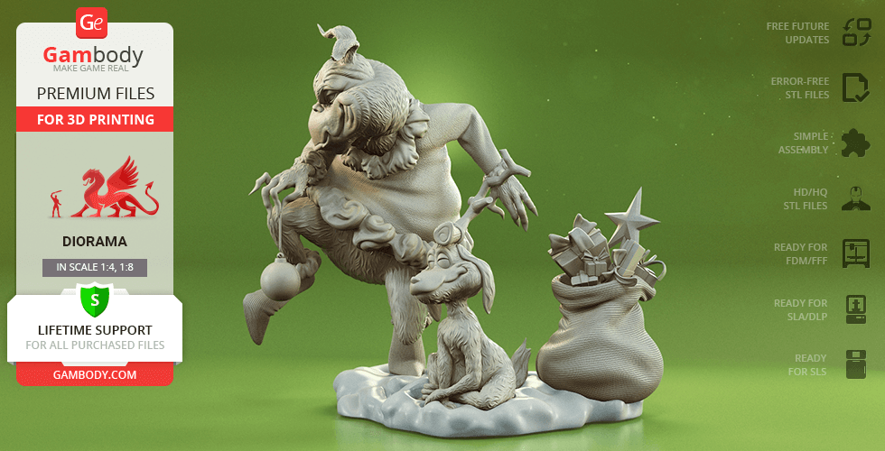 A detailed 3D printed model of the Grinch with Max and a bag of gifts, set on a snowy base.