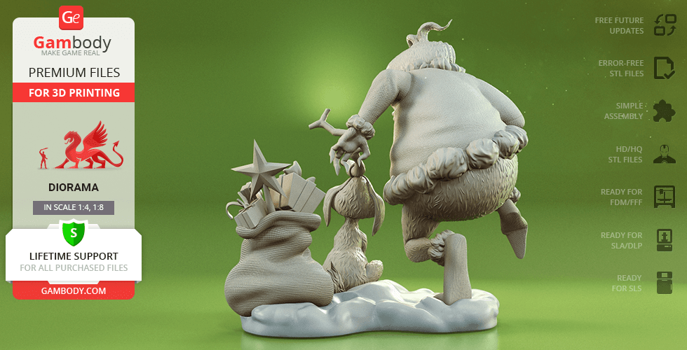A 3D model of a whimsical creature with a bag, and a small dog-like companion, set on a snowy base.
