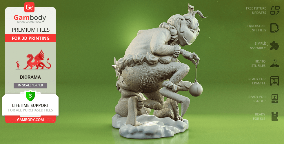 A detailed 3D model of the Grinch with Max on a snowy base, ready for printing.
