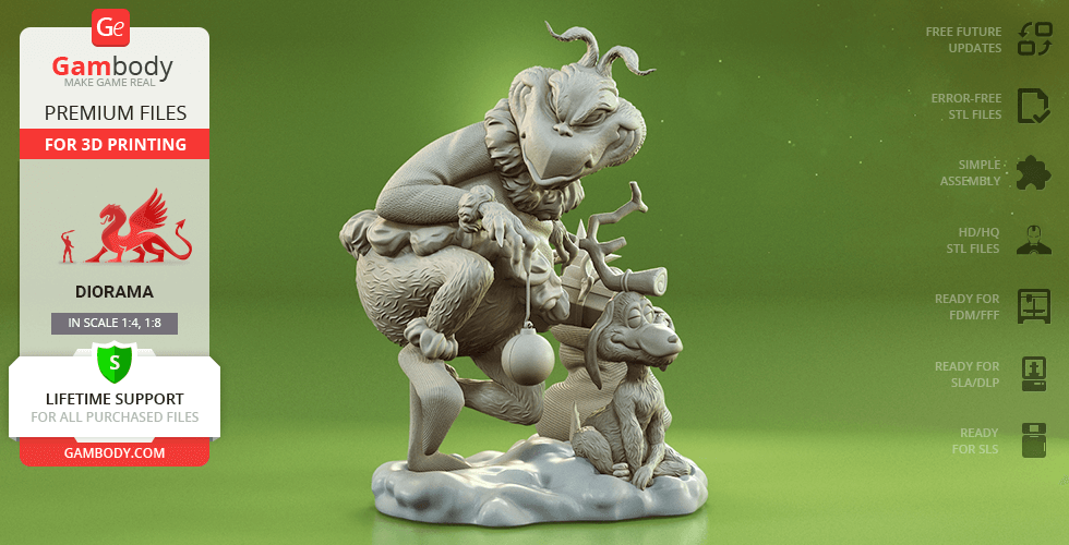 A 3D model of the Grinch holding a bag, with Max the dog, ready for 3D printing.