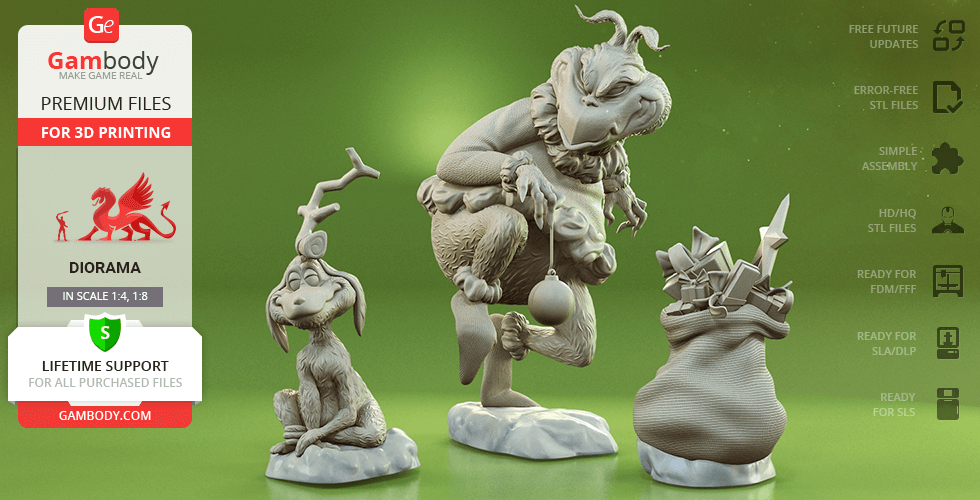 A 3D printable diorama featuring a grumpy character holding an ornament, a dog with antlers, and a sack of gifts.