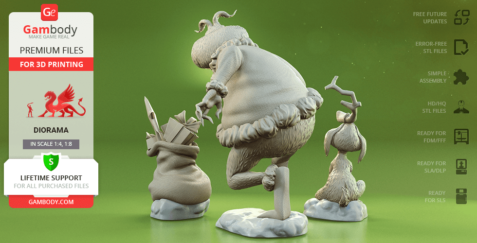 Grinch and Max figurines with Christmas sack, ideal for diorama 3D printing.