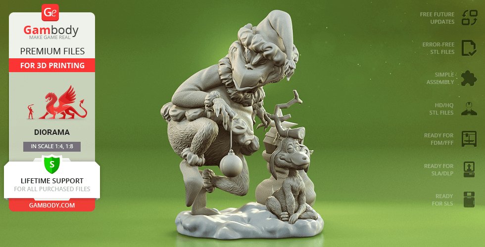 A detailed 3D model of the Grinch and his dog Max, designed for 3D printing.