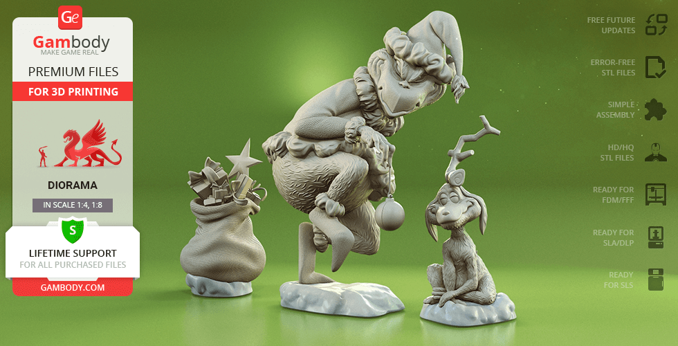 The Grinch and Max 3D models with a gift sack for printing, shown on a green background.