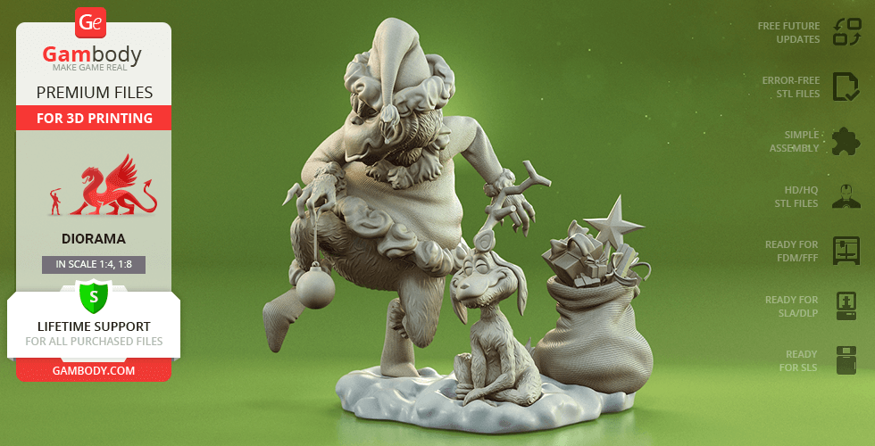 A detailed 3D model of a mischievous creature with a sack and a dog, designed for 3D printing.