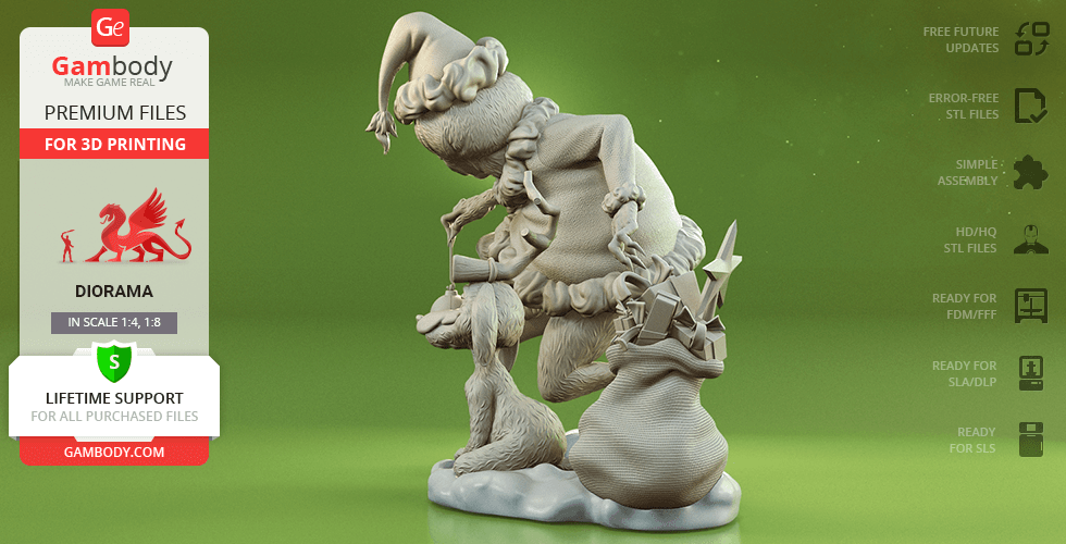 3D model of Grinch with Max carrying a sack, ready for printing.