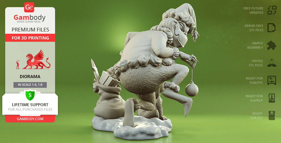 A whimsical creature crouching with a sack, wearing a hat, accompanied by a dog. Suitable for 3D printing.