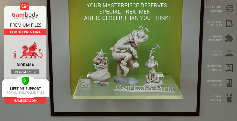 A 3D model of a mischievous creature with a sack and a dog, designed for 3D printing by Gambody.