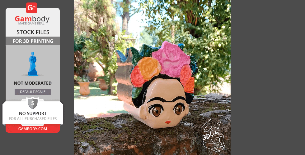 Stylized planter pot shaped like a woman's head with colorful flowers in her hair.