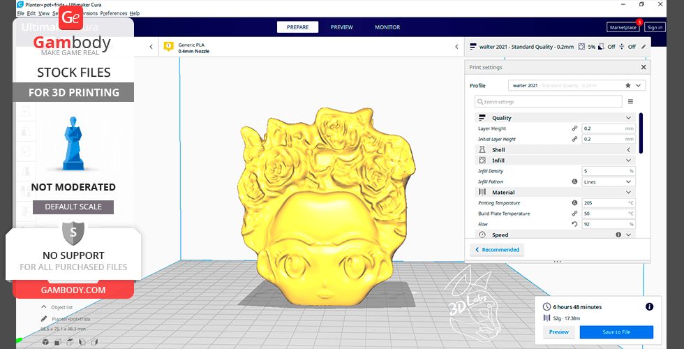 Stylized yellow planter shaped like a woman's head with floral hair, ready for 3D printing.