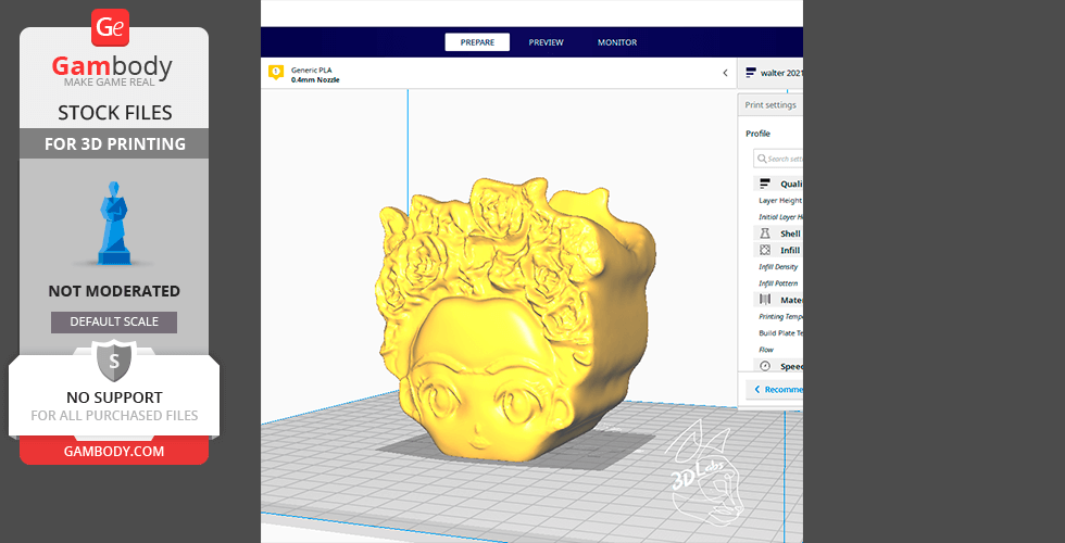 3D model of a yellow flower-adorned woman's head designed as a pot or planter.
