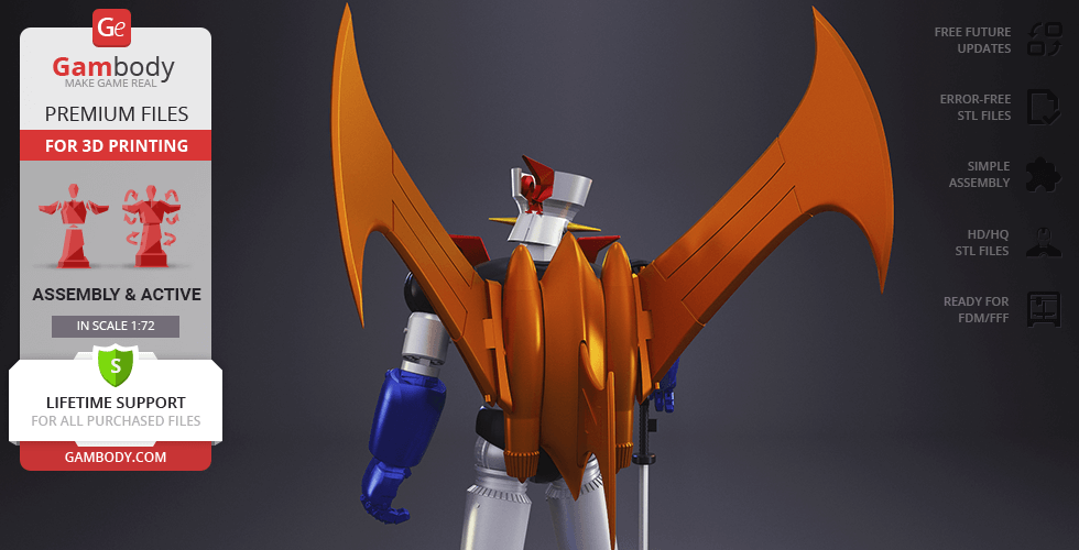 A 3D model of Mazinger Z with large orange wings and blue arms, ready for 3D printing.