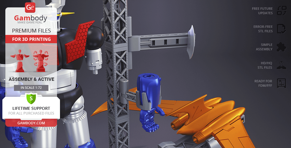 Mazinger Z 3D model with detailed parts, displayed alongside promotional features for 3D printing on Gambody.