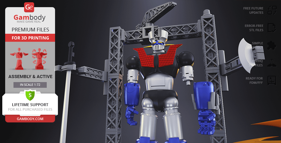 Mazinger Z 3D model with metallic and colorful details, displayed with weapons and construction framework.