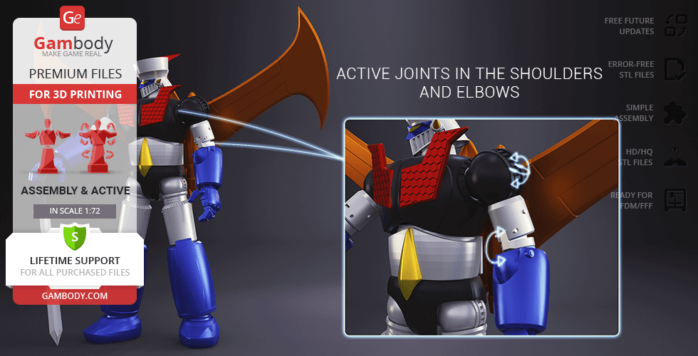 A detailed 3D model of Mazinger Z with movable shoulder and elbow joints, ready for printing.