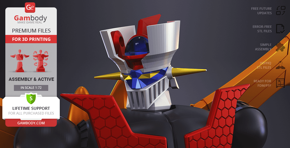 A detailed 3D model of Mazinger Z with distinctive red and black armor, ready for 3D printing.
