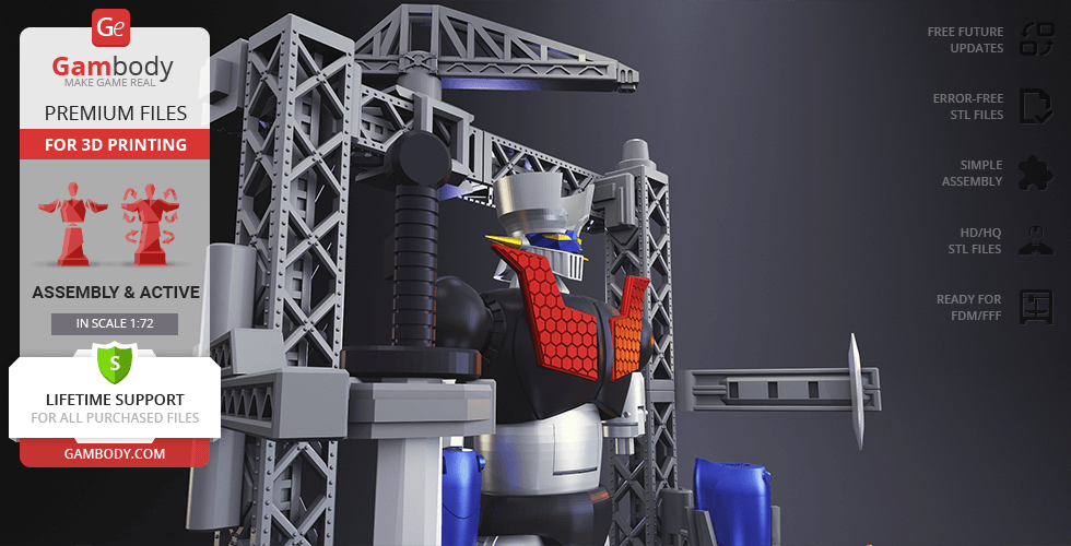 Robot model, Mazinger Z, in a mechanical frame, designed for 3D printing.
