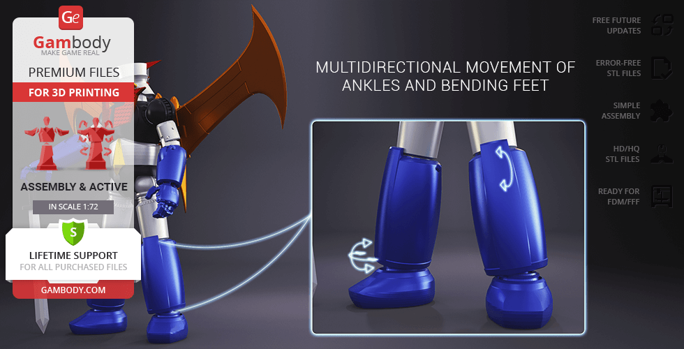 3D model of Mazinger Z features multidirectional ankle movement and bending feet for dynamic posing.