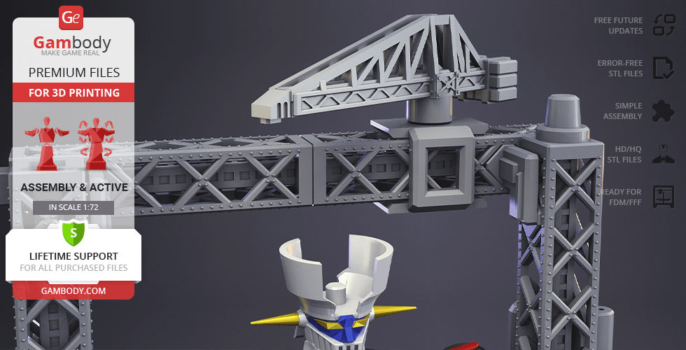 Mazinger Z head and crane structure, highlighted as STL files for 3D printing by Gambody.