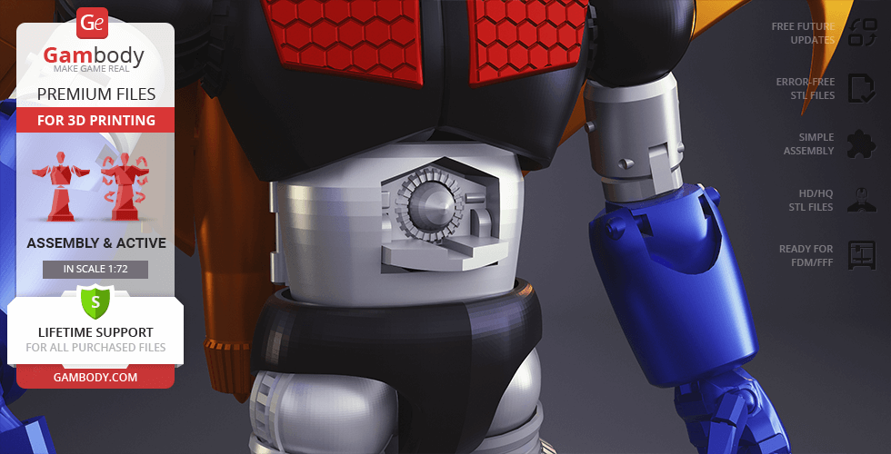 A detailed 3D model of Mazinger Z with blue, silver, and red components, ready for 3D printing.