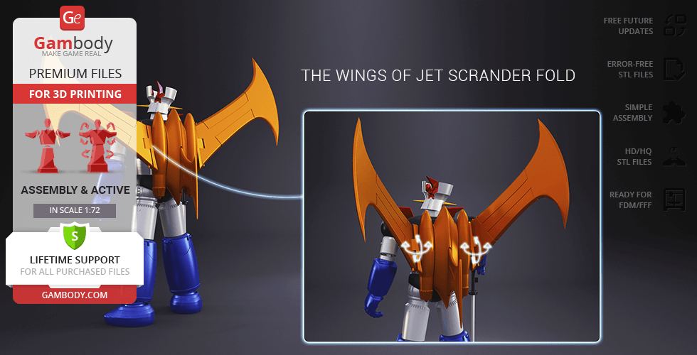 Mazinger Z 3D model with large orange wings displayed, highlighting features for 3D printing on Gambody.