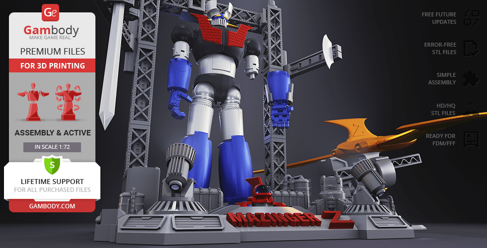 Mazinger Z 3D model with intricate details, robot parts, and base, ready for 3D printing.