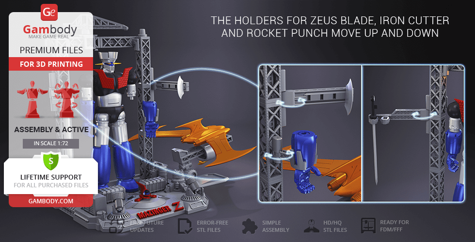 Mazinger Z Supreme Edition 3D model with movable weapons on display, ready for printing and assembly.