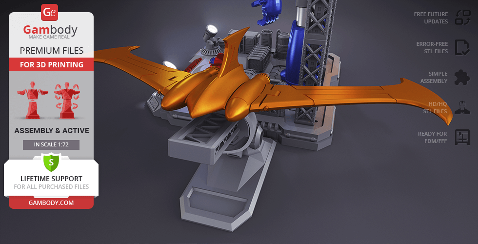Orange aircraft model on a display base, set in a sci-fi mechanical environment for 3D printing.