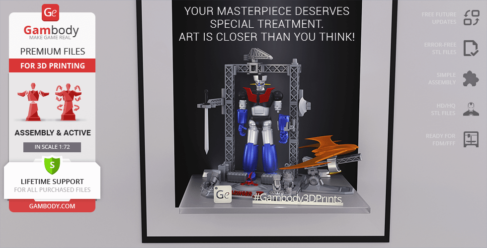 Mazinger Z Supreme Edition model with accessories for 3D printing, displayed with assembly setup.