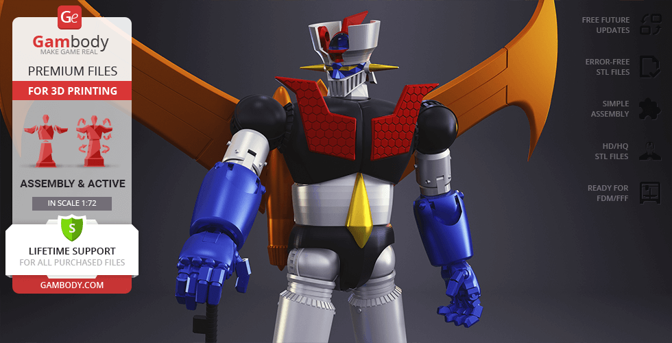 A detailed 3D model of Mazinger Z, featuring vibrant colors and large wings, for 3D printing.