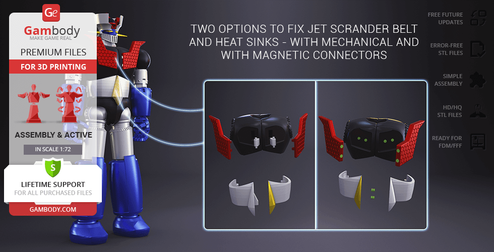 Mazinger Z 3D model with customizable jet scrander belt components and heat sinks displayed.