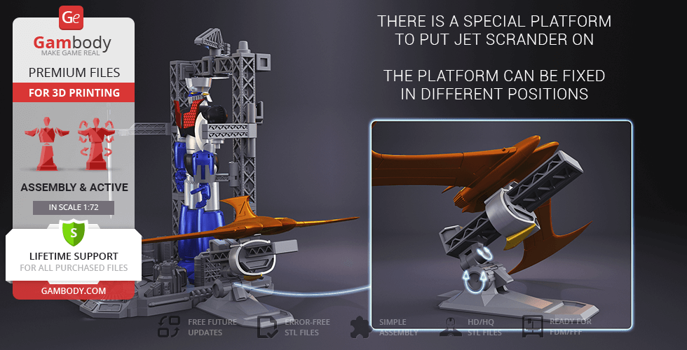 Mazinger Z Supreme Edition 3D model with adjustable platform for Jet Scrander, shown alongside assembly details.